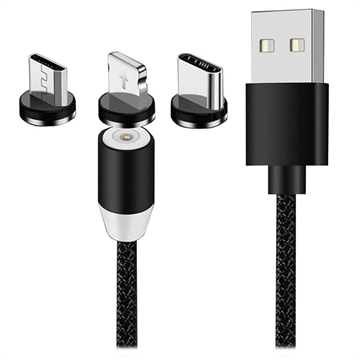 3 az 1-ben LED Mágneses Kábel - Lightning, USB-C, MicroUSB - 1m - Fekete