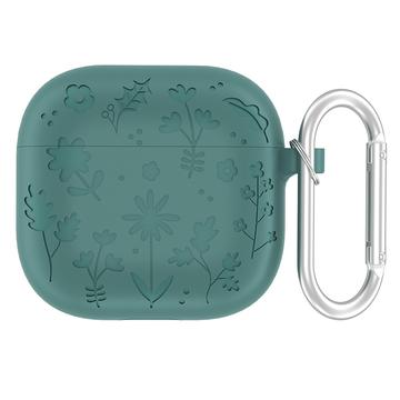 AirPods 4 Flower Pattern Liquid Silicone Case w. Carabiner - Dark Green