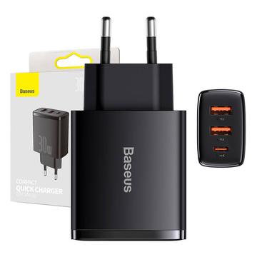 Baseus Compact Quick Charger 30W - USB-C PD, 2xUSB - Black