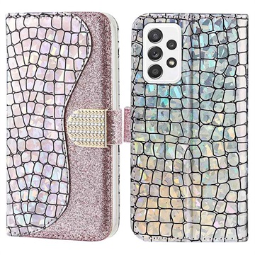 Croco Bling sorozat Samsung Galaxy A53 5G pénztárca tok - Rose Gold