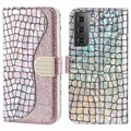 Croco Bling sorozat Samsung Galaxy S21 FE 5G pénztárca tok - Rose Gold