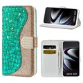 Croco Bling sorozat Samsung Galaxy S21 Ultra 5G pénztárca tok - zöld