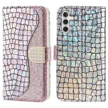 Croco Bling Sorozat Samsung Galaxy A34 5G Pénztárca Tok - Rózsa arany