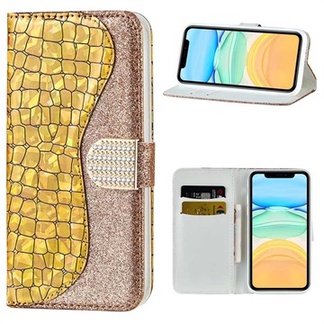 Croco Bling sorozat iPhone 12 mini pénztárca tok - arany