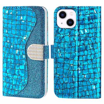 Croco Bling sorozat iPhone 14 Pénztárca Tok - Kék