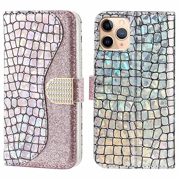 Croco Bling sorozat iPhone 13 Pro pénztárca tok - Rose Gold