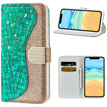 Croco Bling iPhone 12/12 Pro pénztárca tok - zöld