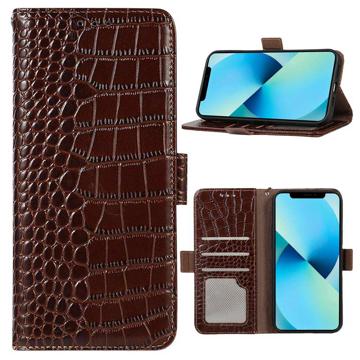 Crocodile Series iPhone 14 pénztárca bőr tok RFID-vel - barna