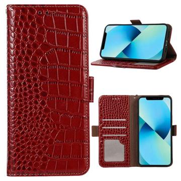 Crocodile Series iPhone 14 pénztárca bőr tok RFID-vel - piros