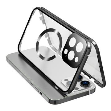 Kétoldalas edzett üveg + mágneses fémkeret Anti-Drop Case iPhone 15 kompatibilis MagSafe Phone Cover csattzárral - Fekete