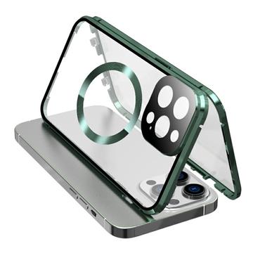 Kétoldalas edzett üveg + mágneses fémkeret Anti-Drop Case iPhone 15 kompatibilis MagSafe Phone Cover csattzárral - zöld