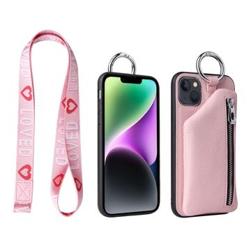 Strap Series iPhone 14 Plus Tok Levehető Pénztárcával - Rózsaszín