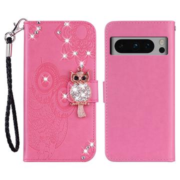 Google Pixel 8 Pro Owl Rhinestone Wallet Case - Hot Pink