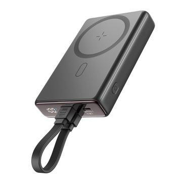 JOYROOM JR-PBM01 PD 20W 10000mAh telefon Power Bank mágneses vezeték nélküli töltő beépített kábellel / rugóállvánnyal - Fekete