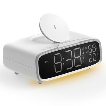 MOMAX Q.CLOCK5 Multifunkciós újratölthető Bluetooth hangszóró LED digitális ébresztőóra telefonos vezeték nélküli töltés támogatása - fehér színben