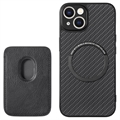 iPhone 15 Magnetic Case with Card Holder - Carbon Fiber - Black