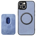 iPhone 15 Magnetic Case with Card Holder - Carbon Fiber - Blue