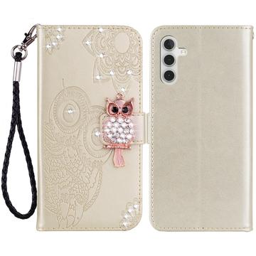 Samsung Galaxy S24 Owl Rhinestone Wallet Case - Gold