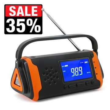 Solar Powered Emergency Radio w/ Flashlight - Black / Orange