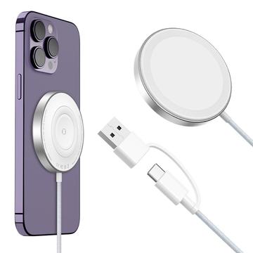 WA23 Kétoldali mágneses vezeték nélküli töltő C típusú / USB 2.0 bemenettel 15W-os gyors töltés asztali töltő dokkoló Apple Watch / mobiltelefon / fülhallgatóhoz - fehér színben