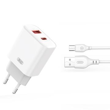 XO CE12 Quick Wall Charger w. MicroUSB Cable - 20W, QC, PD - White