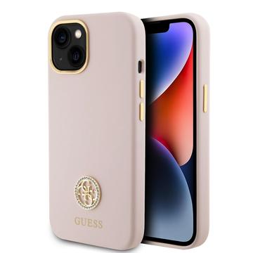 iPhone 15 Guess 4G strasszos fém logó folyékony szilikon tok - rózsaszín