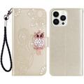 iPhone 15 Pro Owl Rhinestone Wallet Case - Gold