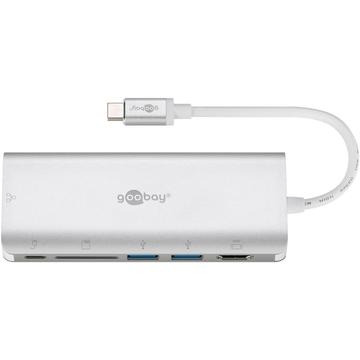 USB-C™-multiportadapter HDMI 4k 30 Hz, USB, CR, RJ45, PD, aluminium, silver